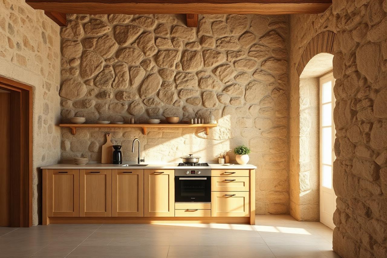 Agencement intérieur en Corse — cuisine sur mesure adaptée à un mur en pierre