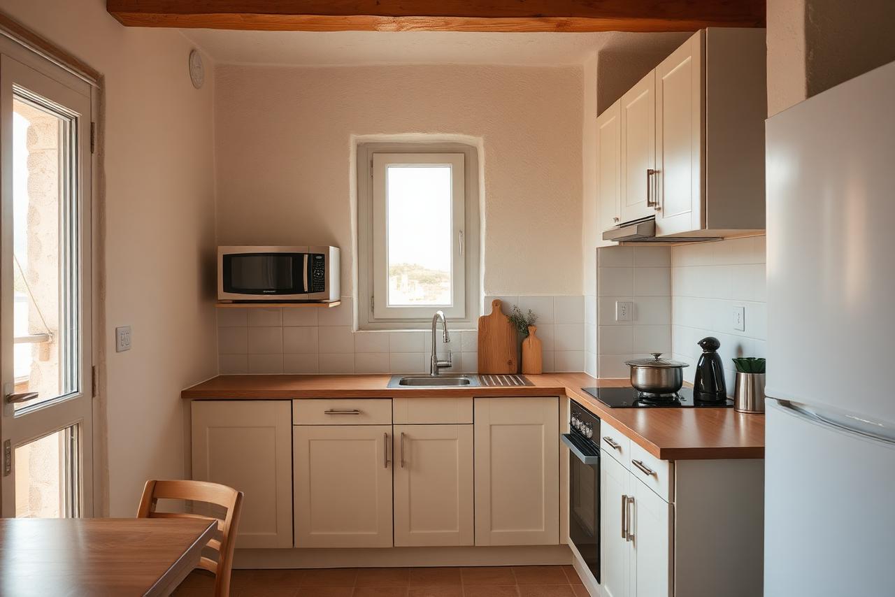 Cuisine équipée pour location saisonnière en Corse, matériaux robustes et entretien facile