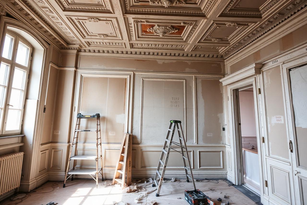 Chantier de rénovation intérieure dans un immeuble haussmannien parisien